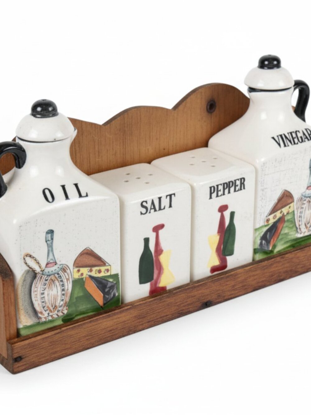 Vintage Condiment Set - oil, vinegar, salt, and pepper
